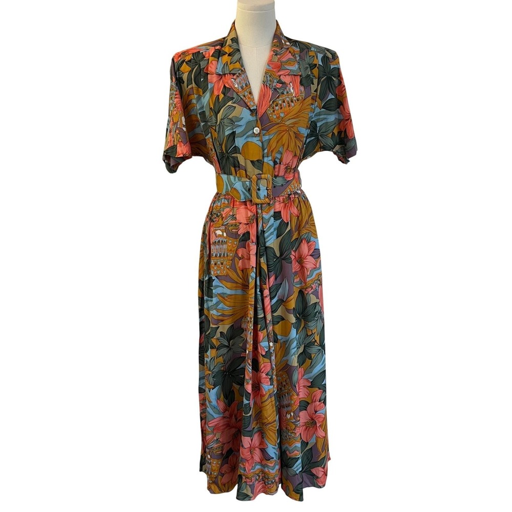 Vintage Carol Anderson California Tropical Shirt Maxi Dress Belted  USA L